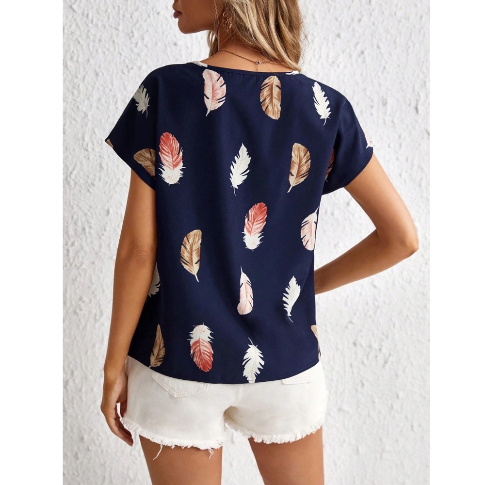 Navy Blue Feather Print Shirt Top Short Sleeves - Picture 4 of 6